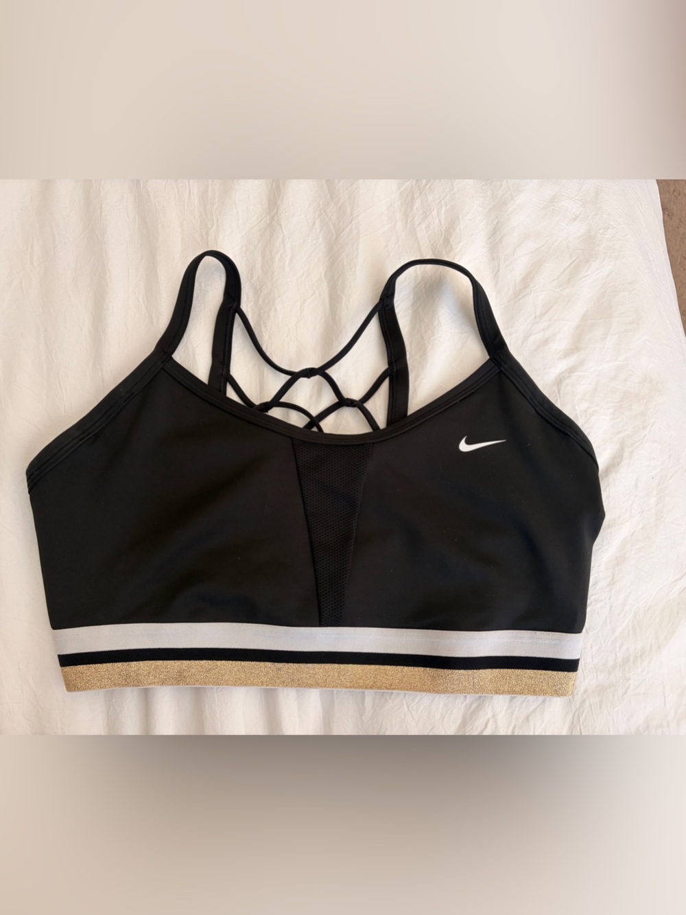 Nike Black Sports Bra with Gold and White Striped Band